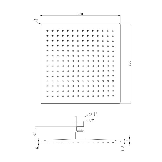 250mm Chrome Ultra Slim Square Shower Head