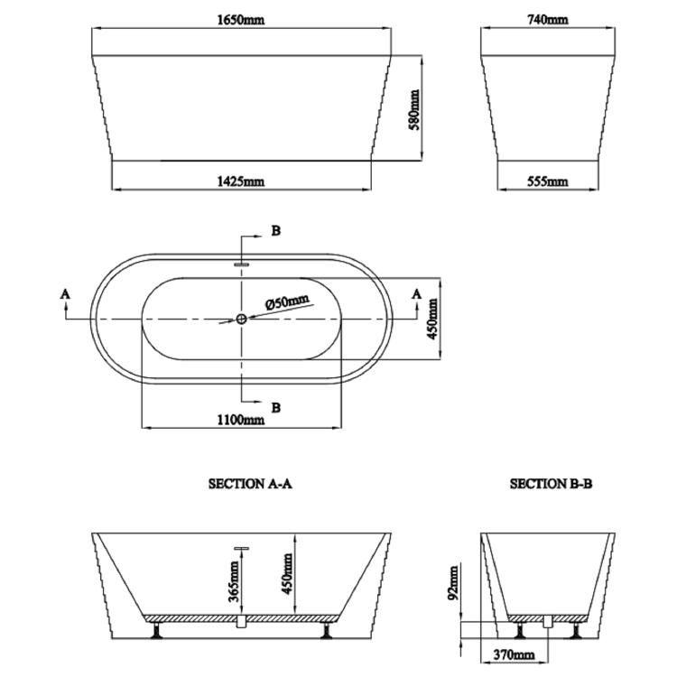 Freestanding Fluted Double Ended Bath 1650 x 740mm - Empire