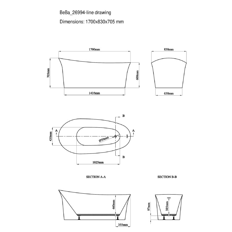 Freestanding Single Ended Slipper Bath 1700 x 830mm - Lotus