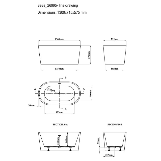 Small Freestanding Double Ended Bath 1300 x 715mm - Pico