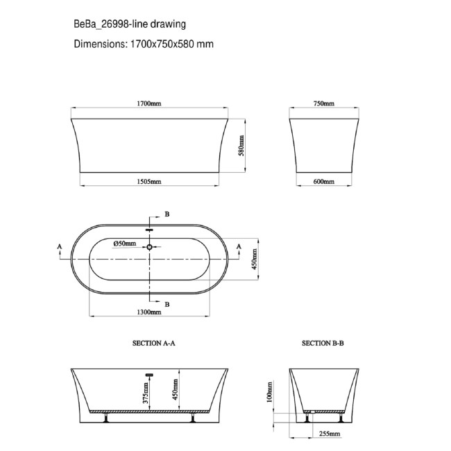 Freestanding Double Ended Bath 1700 x 750mm - Arya