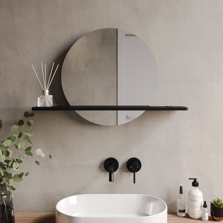 Round Backlit Heated Bathroom Mirror with Lights & Black Shelf 500mm - Ersa