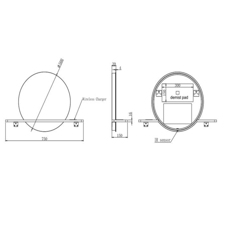 Round Backlit Heated Bathroom Mirror with Lights & Black Shelf 500mm - Ersa