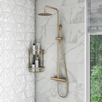 Brushed Brass Thermostatic Mixer Bar Shower with Round Overhead & Pencil Handset - Arissa Brushed Brass Thermostatic Mixer Bar Shower with Round Overhead & Pencil Handset - Arissa