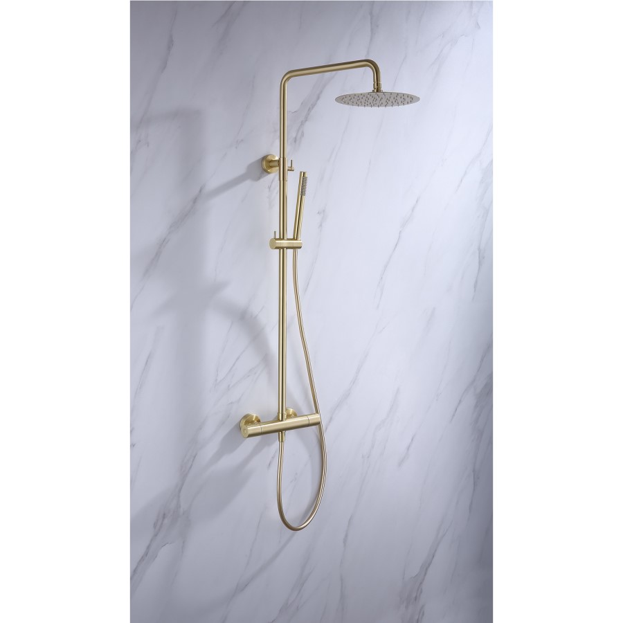 Brushed Brass Thermostatic Mixer Bar Shower with Round Overhead & Pencil Handset - Arissa