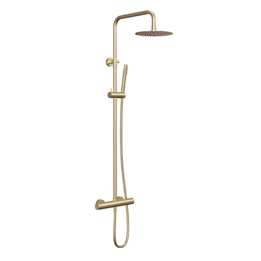 Brushed Brass Thermostatic Mixer Bar Shower with Round Overhead & Pencil Handset - Arissa