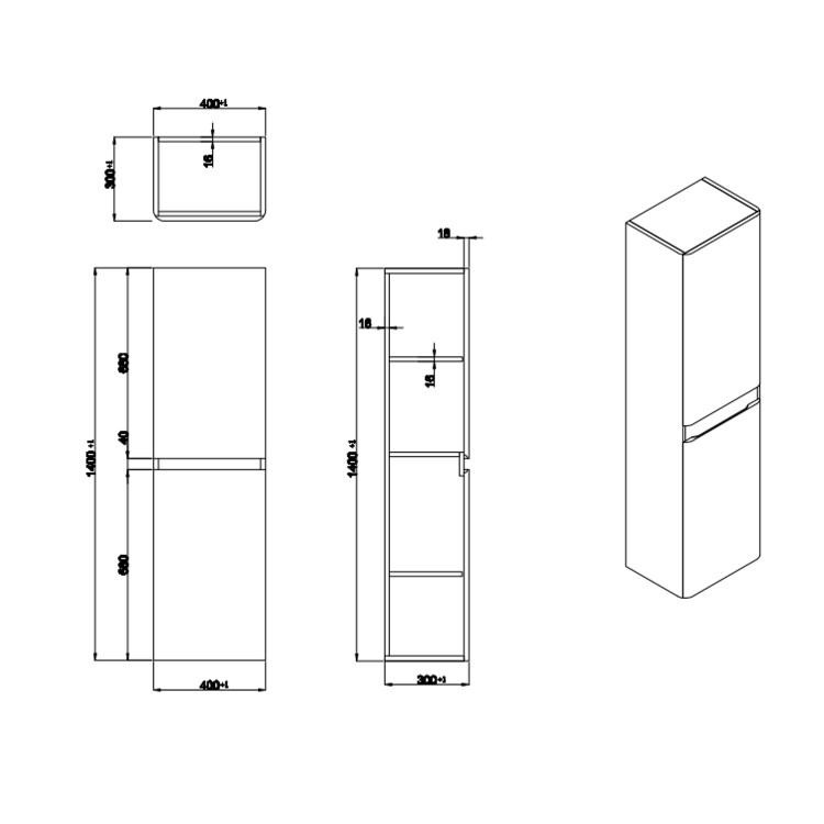 Double Door White Wall Hung Tall Bathroom Cabinet 400 x 1400mm - Pendle