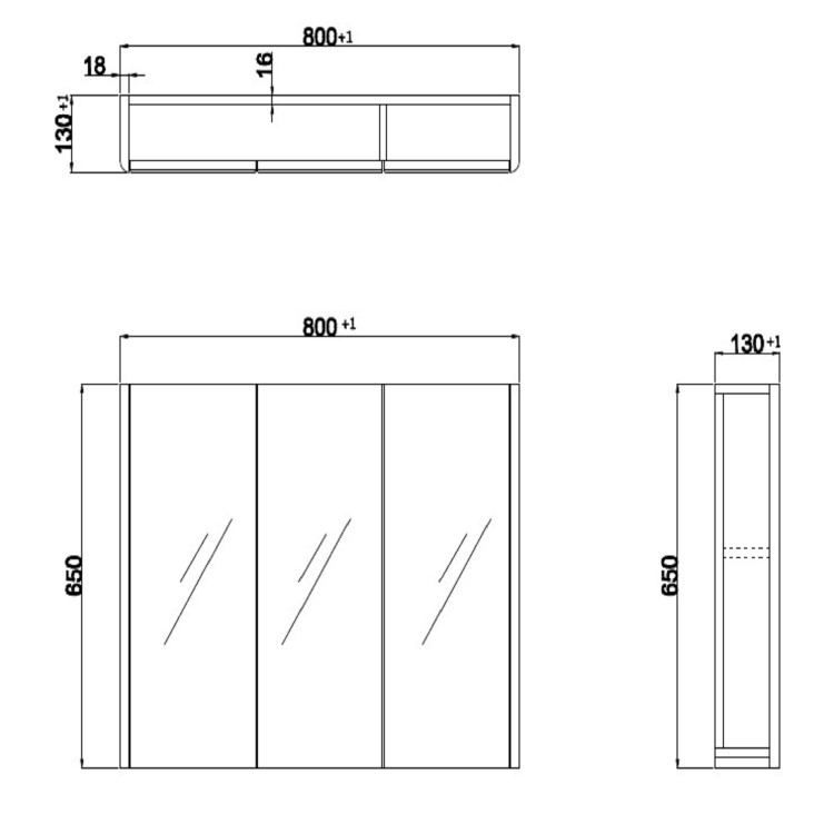 Dark Grey 3 Door Mirrored Bathroom Cabinet 800 x 650mm - Pendle