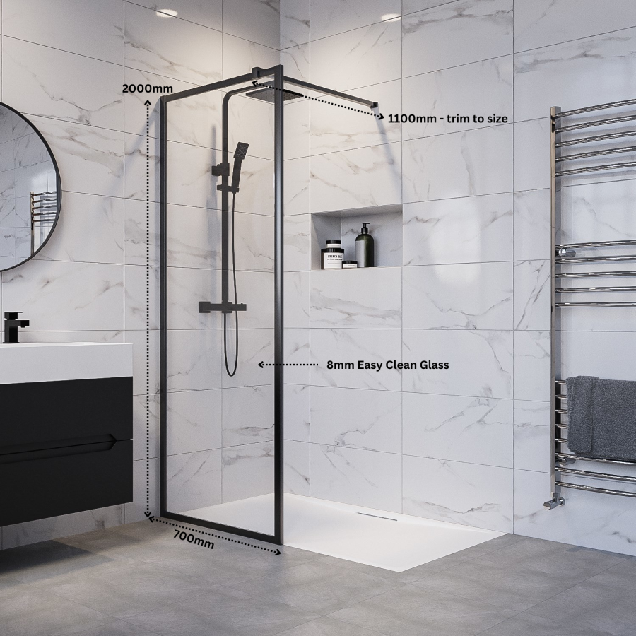 700mm Black Framed Wet Room Shower Screen - Zolla