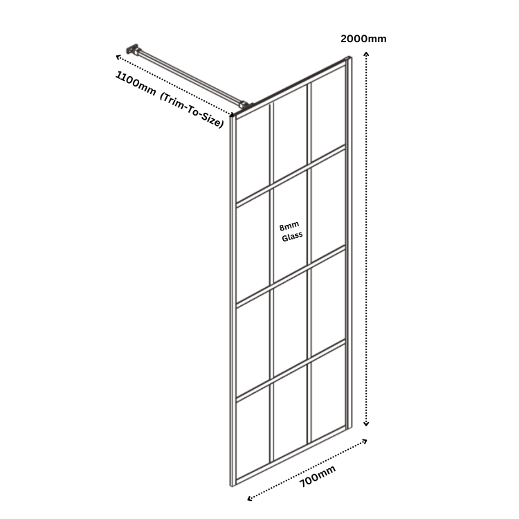 Wet Room Shower Screen 700mm Black Grid Framework with Wall Support Bar - Nova