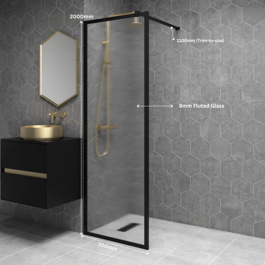 700mm Black Fluted Glass Wet Room Shower Screen - Volan