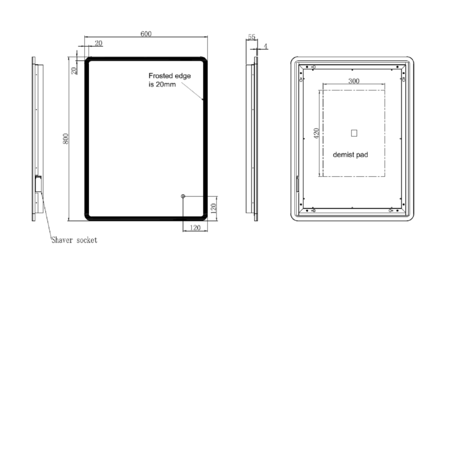 Rectangular LED Bathroom Mirror with Demister & Shaver Socket 600x800mm -Ariel  