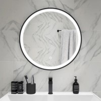 Round Black Heated Bathroom Mirror with Lights 600mm - Antares