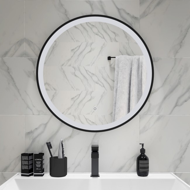 Round Black Heated Bathroom Mirror with Lights 600mm - Antares