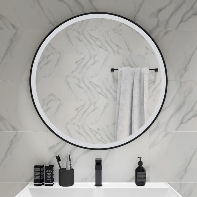 Round Black Heated Bathroom Mirror with Lights 800mm - Antares