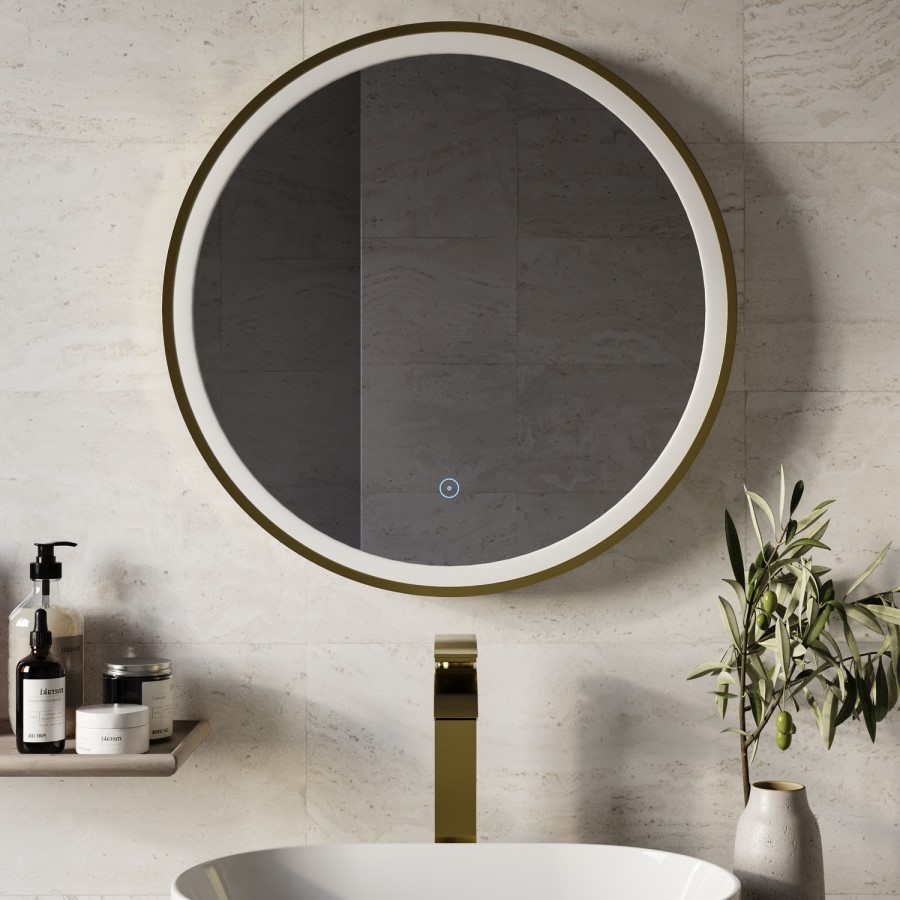 Round Brass Heated Bathroom Mirror with Lights 600mm -Antares