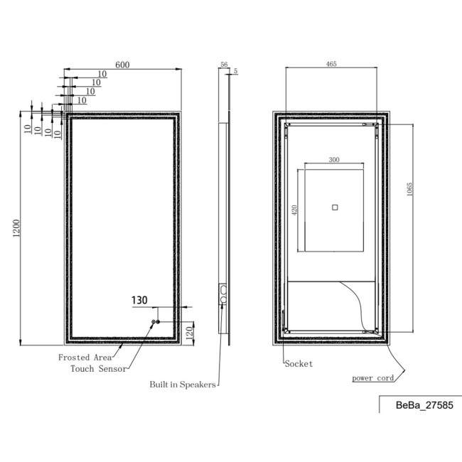 Rectangular Heated Bathroom Mirror with Lights & Wireless Speaker 1200x600mm -Antila