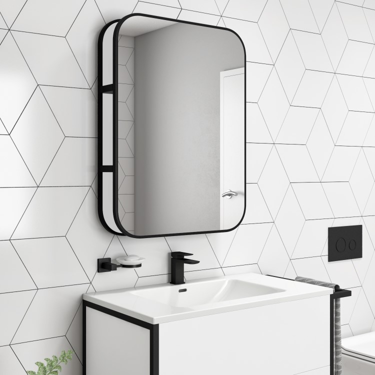 Rectangular Black Industrial Bathroom Mirror with Shelf 600x800mm -Lyra 