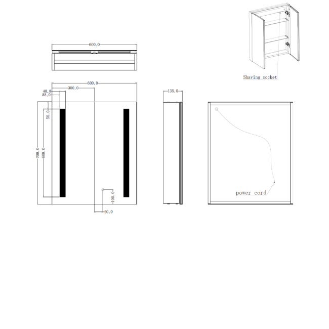 Double Door Chrome Mirrored Bathroom Cabinet with Lights 600 x 700mm - Capricorn