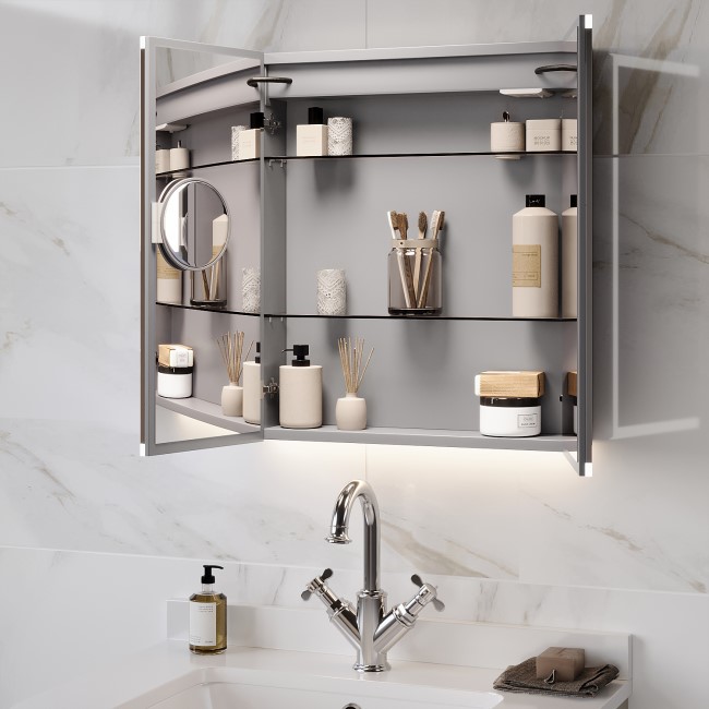 Double Door Chrome Mirrored Bathroom Cabinet with Lights, Bluetooth Speaker & Demister 600 x 700mm - Ursa