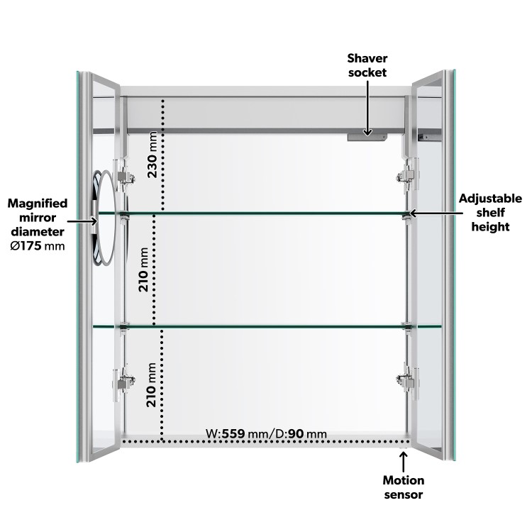 Double Door Chrome Mirrored Bathroom Cabinet with Lights, Bluetooth Speaker & Demister 600 x 700mm - Ursa