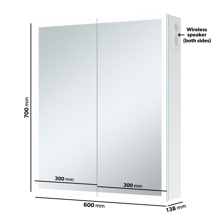 Double Door Chrome Mirrored Bathroom Cabinet with Lights, Bluetooth Speaker & Demister 600 x 700mm - Ursa