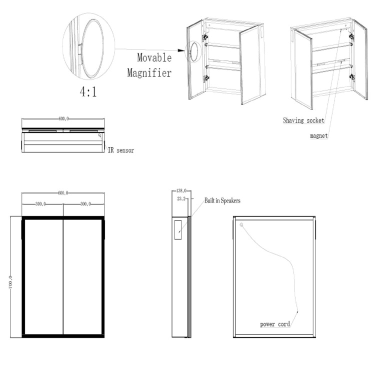 Double Door Chrome Mirrored Bathroom Cabinet with Lights, Bluetooth Speaker & Demister 600 x 700mm - Ursa