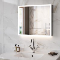 Double Door Chrome Mirrored Bathroom Cabinet with Lights Demister & Wireless Speaker 800 x 700mm - Ursa