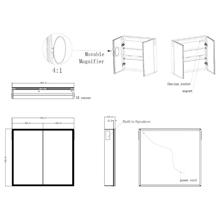 Double Door Chrome Mirrored Bathroom Cabinet with Lights, Bluetooth Speaker & Demister 800 x 700mm - Ursa