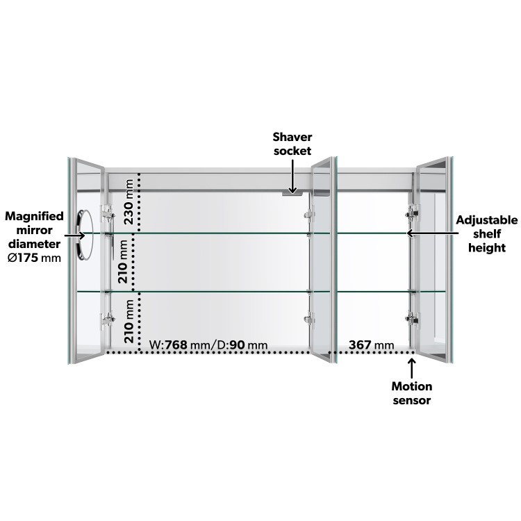 Double Door Chrome Mirrored Bathroom Cabinet with Lights, Bluetooth Speaker & Demister 1200 x 700mm - Ursa