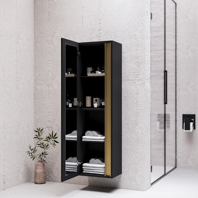 Single Door Black Wall Mounted Tall Bathroom Cabinet 400 x 1380mm - Roxbi