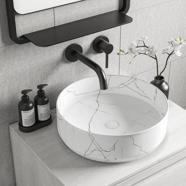 Marble Effect White Round Countertop Basin 390mm - Lorano