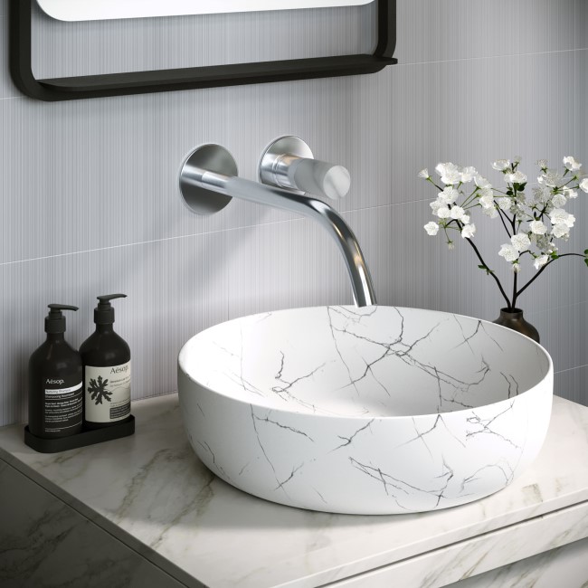 Marble Effect White Round Countertop Basin 390mm - Lorano