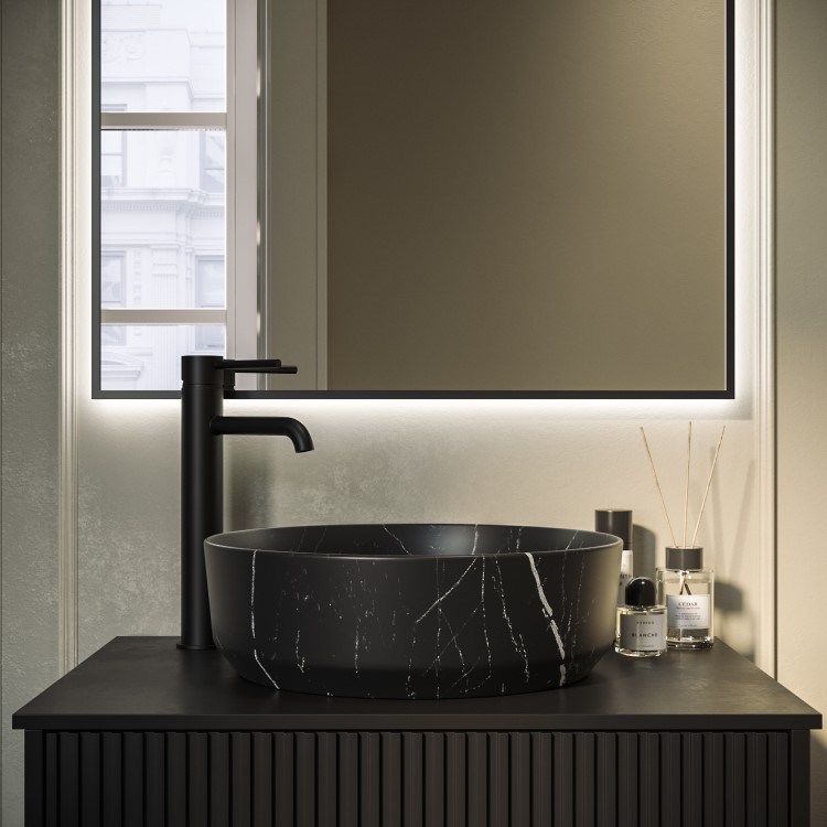 Marble Effect Black Round Countertop Basin 390mm - Lorano