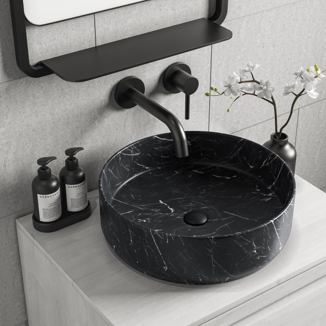 Marble Effect Black Round Countertop Basin 390mm - Lorano