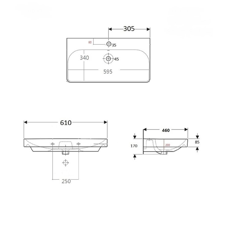 Square Wall Hung Basin 610mm - Andros