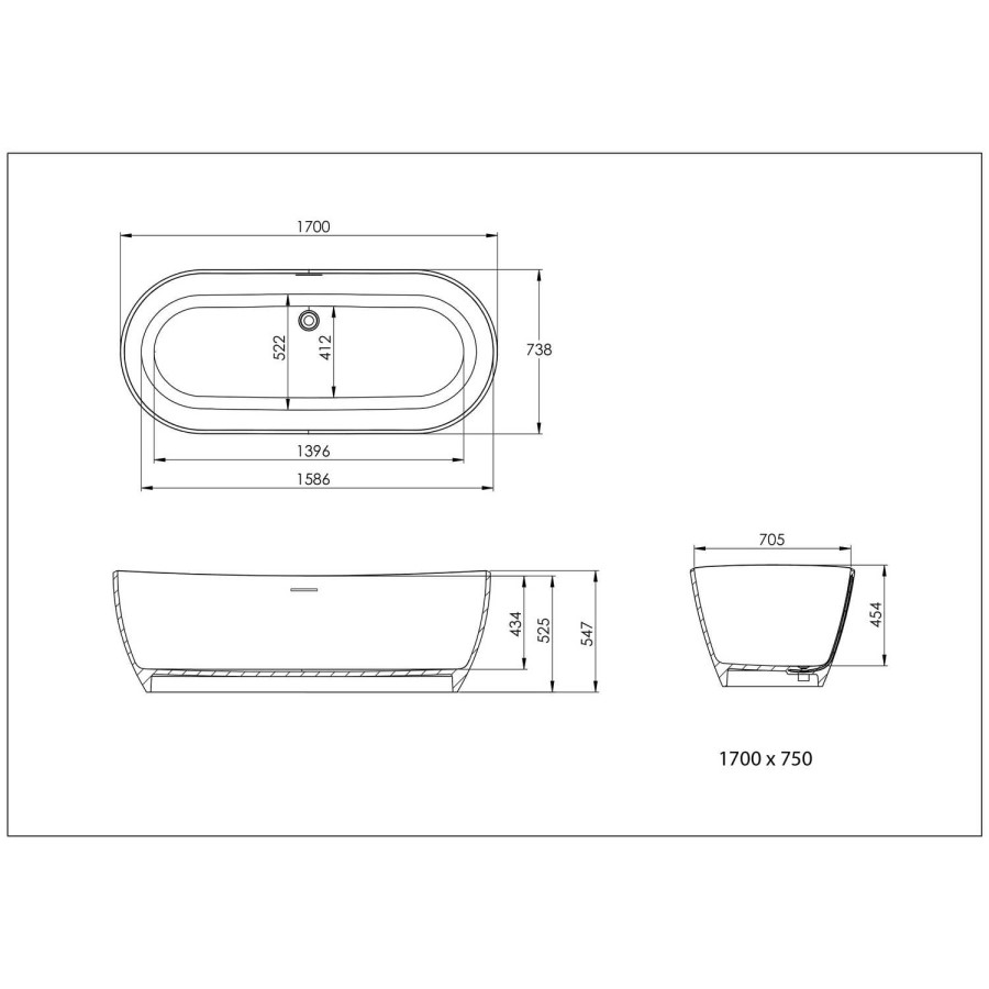 Freestanding Double Ended Solid Surface Bath 1700 x 750mm - Parma