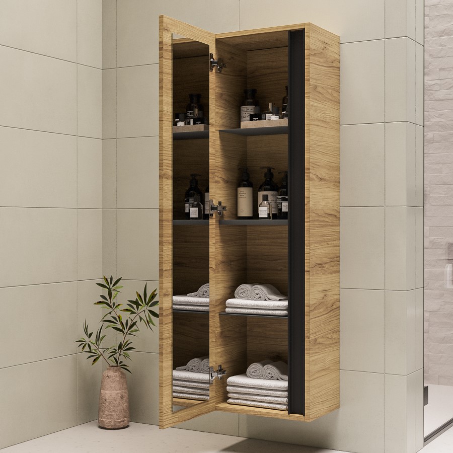 Single Door Wood Effect Wall Mounted Tall Bathroom Cabinet 400 x 1380mm - Roxbi