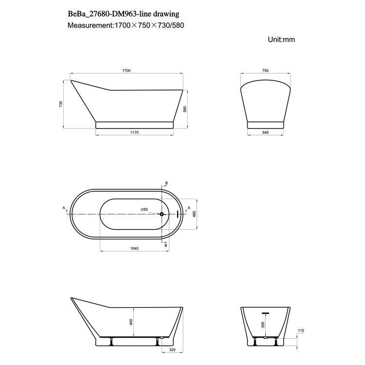 Freestanding Single Ended Slipper Bath 1700 x 750mm - Canterbury