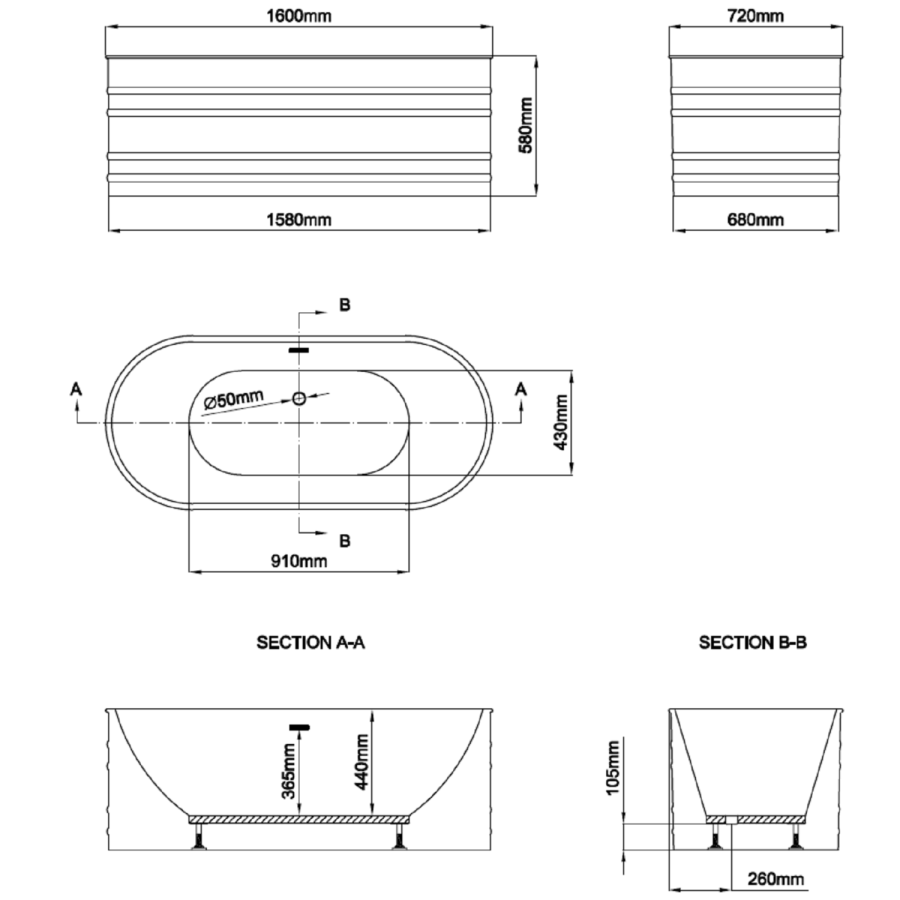Freestanding Double Ended Bath - 1600 x 720mm - Coniston