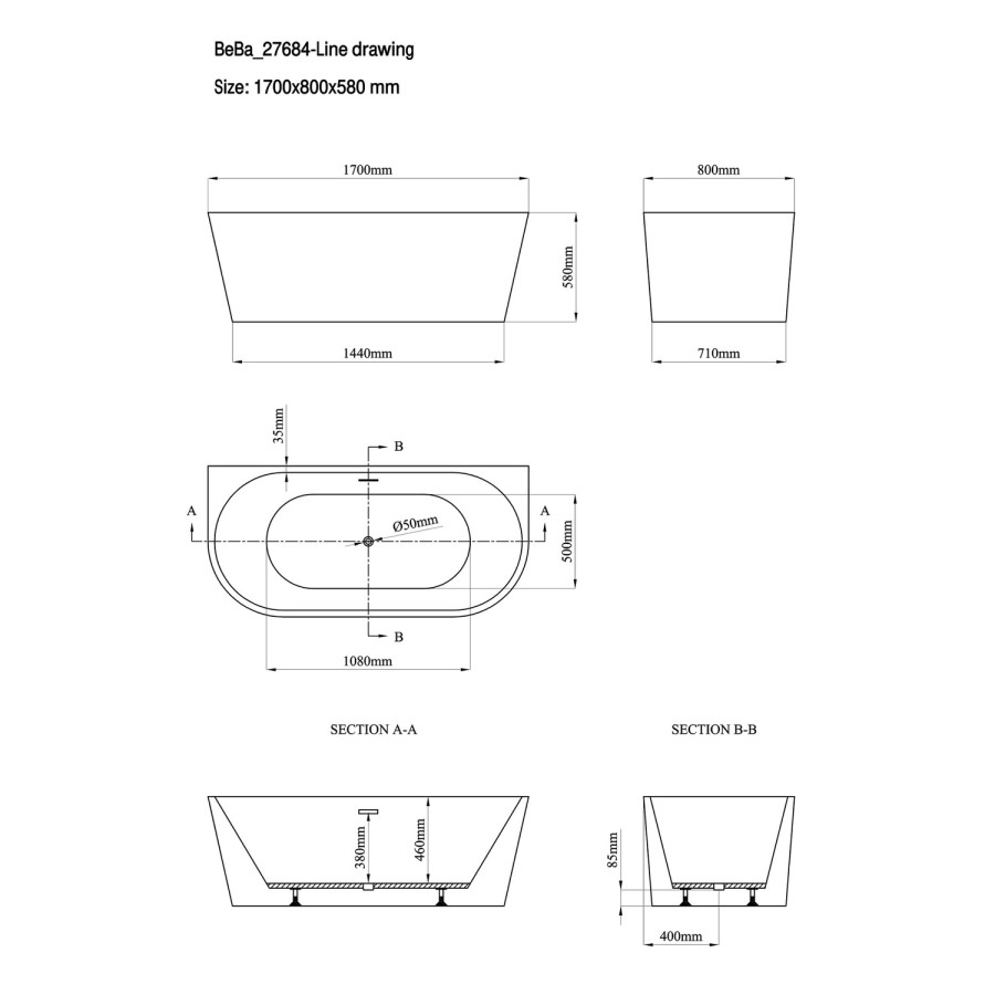 Grey Freestanding Double Ended Back to Wall Bath 1700 x 800mm - Gable