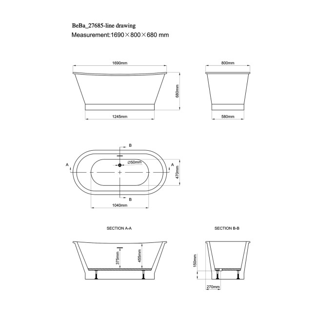 Freestanding Double Ended Roll Top Bath 1690 x 800mm - Helmsley