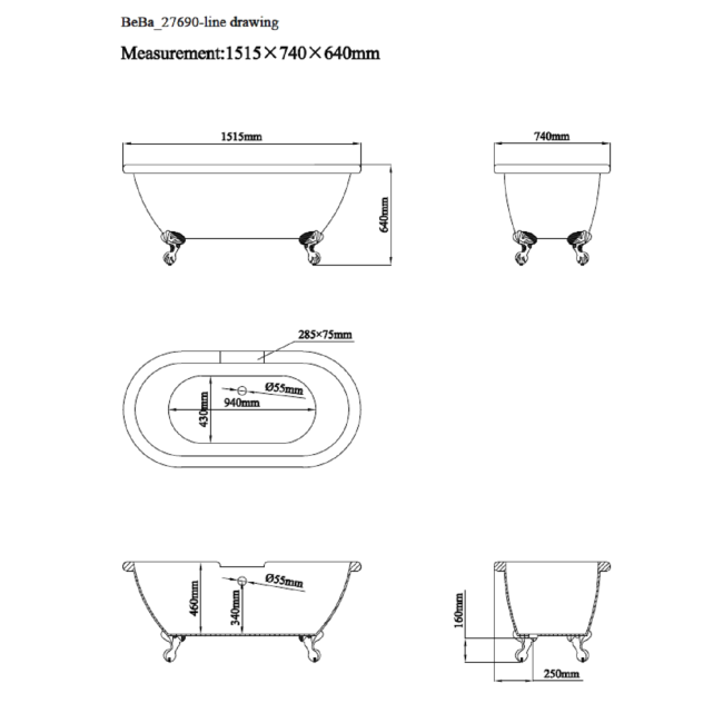 Matt Grey Double Ended Freestanding Bath with Matt Black Feet 1515 x 740mm - Park Royal