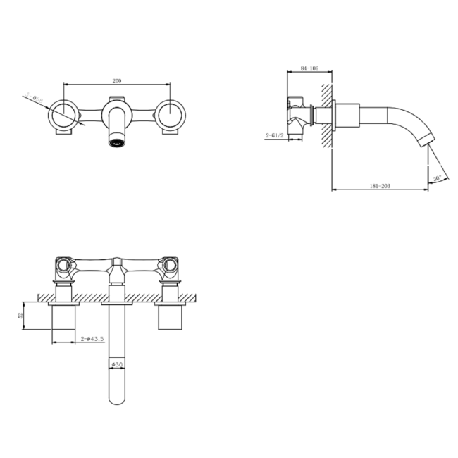 Chrome Wall Mounted Bath Mixer Tap with Marble Handle - Lorano