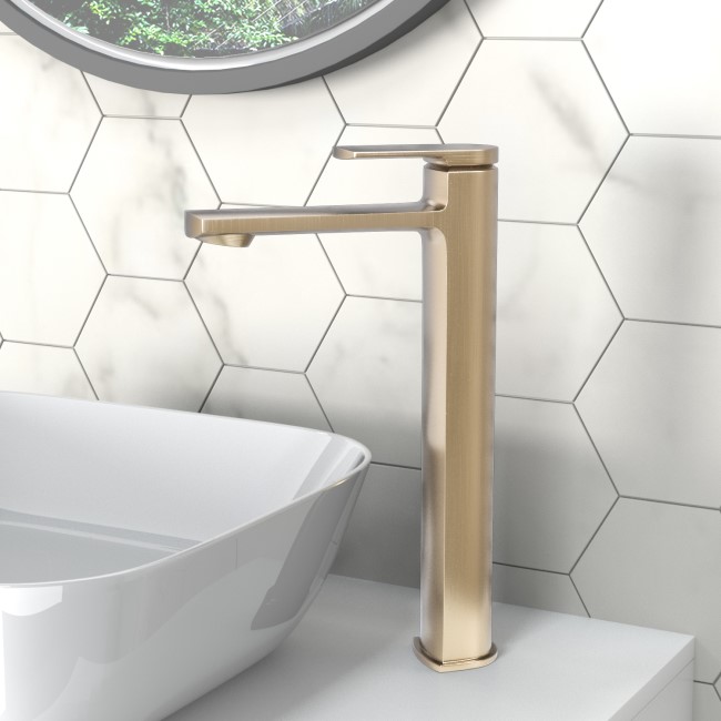 Brushed Brass Tall Mono Basin Mixer Tap - Meko