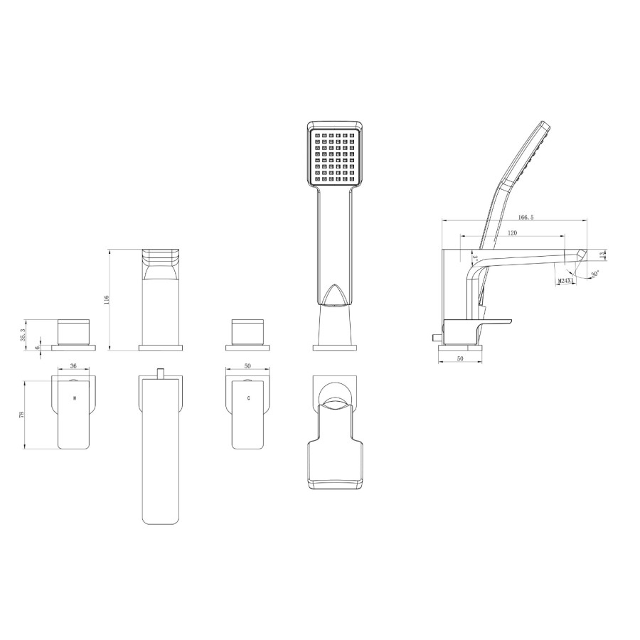 Black Bath Shower Mixer Tap - 4 Tap Hole - Zana