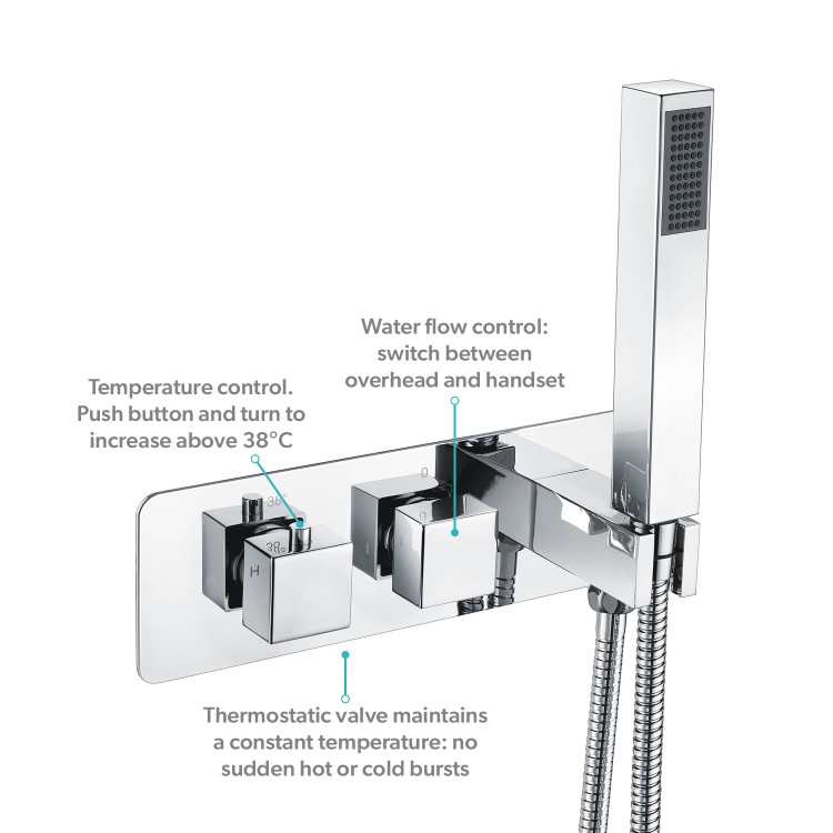 Chrome 2 Outlet Concealed Thermostatic Shower Valve with Hand Shower - Cube