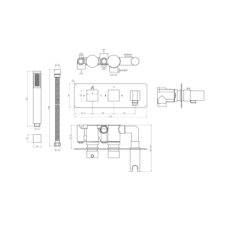 Chrome 2 Outlet Concealed Thermostatic Shower Valve with Hand Shower - Cube