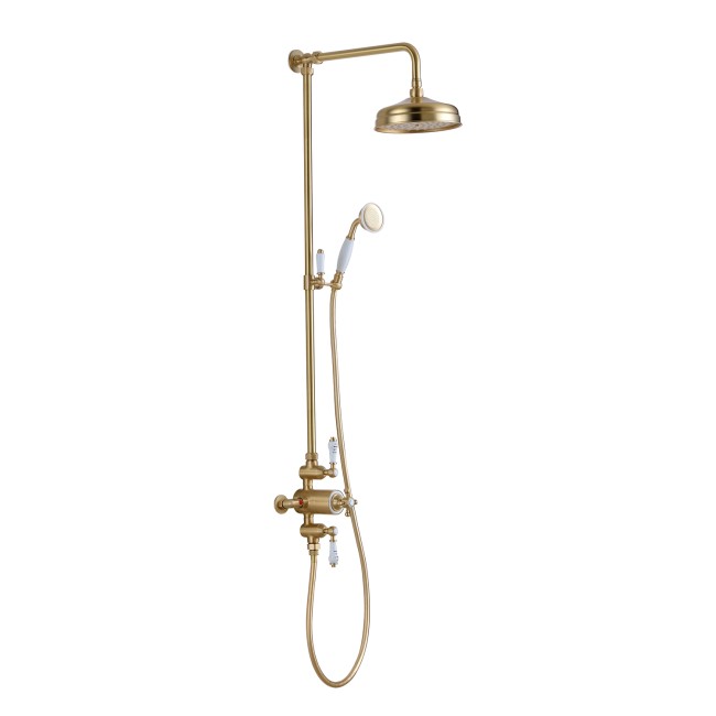 Brushed Brass Traditional Thermostatic Mixer Shower with Round Overhead &  Hand Shower - Camden - Furniture123