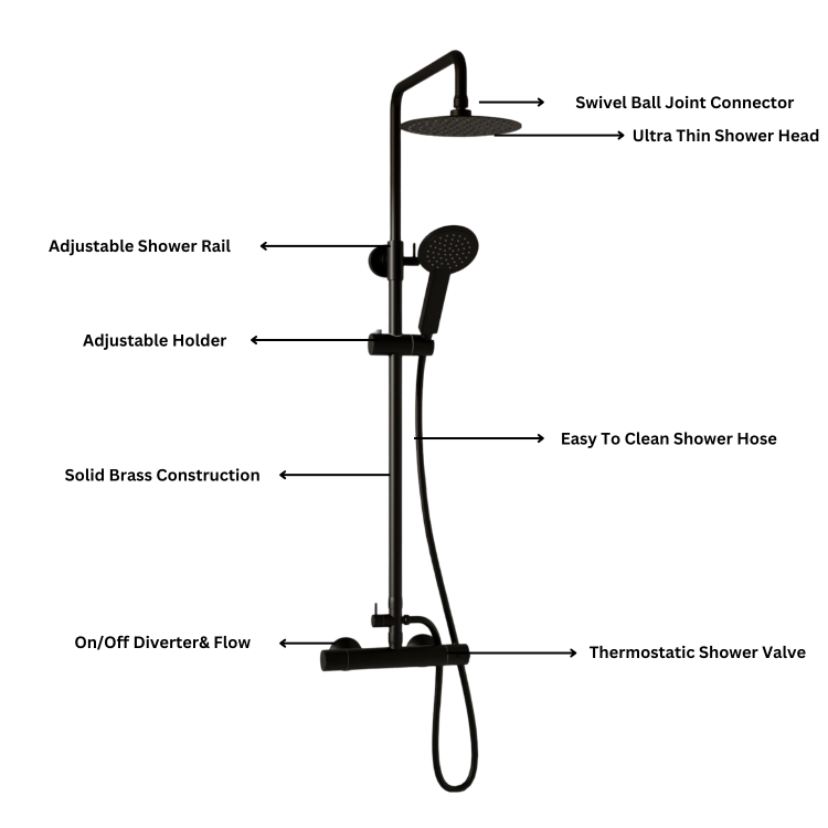 Black Thermostatic Bar Mixer Shower Set with Slide Rail Kit & Hand Shower - Arissa